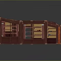 Cartoon Scenario With Wooden Structure Red Frame Black Floor Interior Shelves And Door