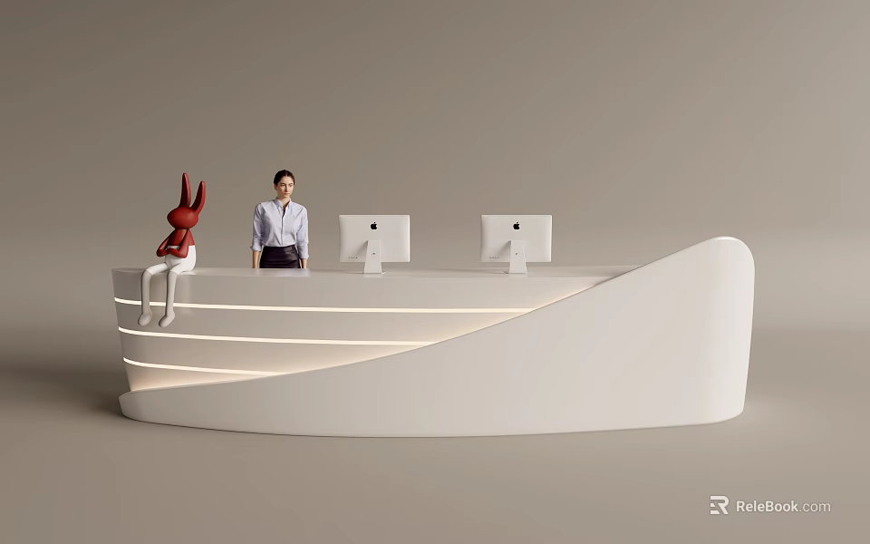 Modern Front Desk Reception With Curved White Design Two Computers And Red Rabbit Decoration 3d model