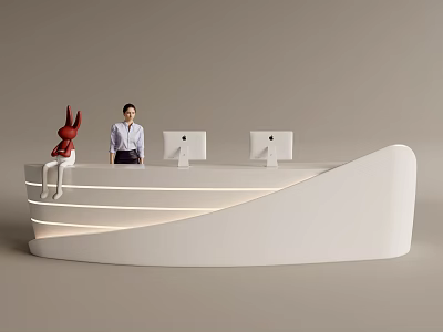 Modern Front Desk Reception With Curved White Design Two Computers And Red Rabbit Decoration 3d model