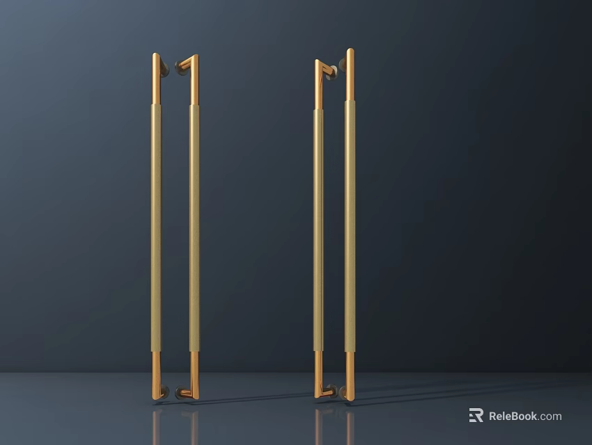 Two Golden Door Handles Standing On Dark Background With Modern Design 3d model