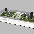 Commercial Model Equipment With Tall Buildings Green Areas Roads On White Marble Base Transparent Case