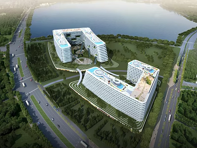 Modern Waterfront Hotel Building With Landscaped Gardens And Architectural Design 3d model