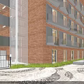Modern Residential Building With Red Brick Exterior And Balconies In Paved Courtyard