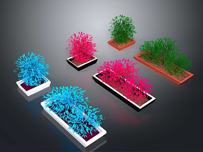 Colorful Blue Pink Green Plants in White Black Square Rectangular Containers 3d model