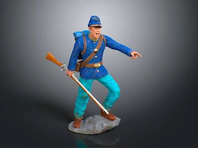 Game Movie Character Wearing Blue Uniform Hat Backpack Holding Rifle Standing On Gray Base 3d model