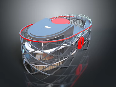 Modern Architectural Model With Unique Circular Structure Red Accents And Metal Framework 3d model