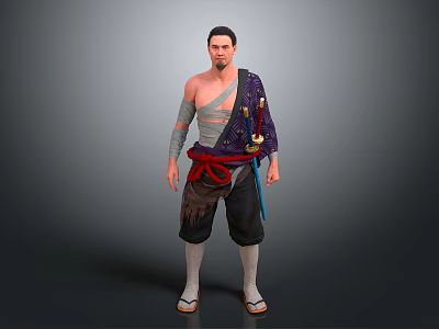 Man with One Shoulder Exposed Tattooed Arm Red Waist Belt Sword and Wooden Clogs Standing 3d model