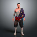 Man with One Shoulder Exposed Tattooed Arm Red Waist Belt Sword and Wooden Clogs Standing