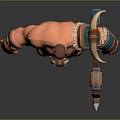 Muscular Male Character With Red Hair Shirtless Torso Blue Bracers Brown Belt And Ornate Weapon