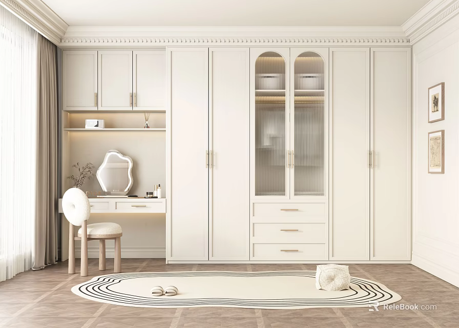 Modern White Wardrobe Interior With Glass Doors Drawers Dressing Table And Chair 3d model 