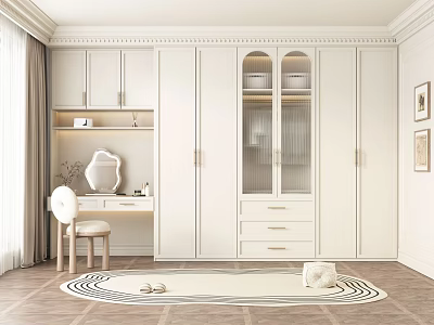 Modern White Wardrobe Interior With Glass Doors Drawers Dressing Table And Chair 3d model
