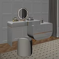 Elegant White Dressing Table With Round Mirror Cosmetics Gold Accent And Stool 3d model