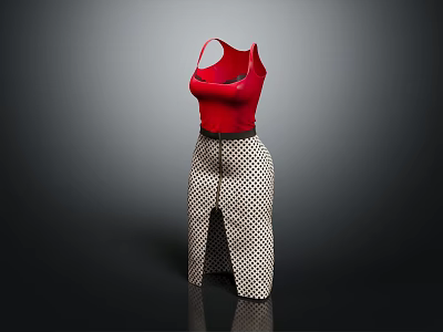 Women's Red Sleeveless Fitted Top and Black and White Polka Dot Skirt with Slit Design 3d model