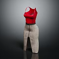 Women's Red Sleeveless Fitted Top and Black and White Polka Dot Skirt with Slit Design