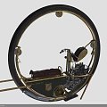 Unique Vintage Motorcycle With Large Circular Frame Metal Parts And Retro Engine