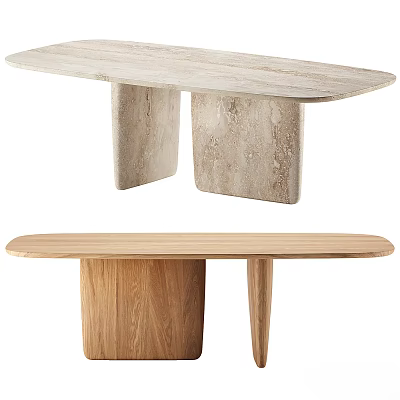 Modern Dining Table Featuring Marble And Wooden Tops With Elegant Pedestal Base Design 3d model