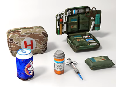 Open Camouflage First Aid Kit With Medical Supplies Syringe Bottle And Bandages 3d model