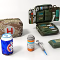 Open Camouflage First Aid Kit With Medical Supplies Syringe Bottle And Bandages