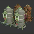 Industrial Storage Equipment Gray And Orange Tanks With Pipes Valves And Metal Stands