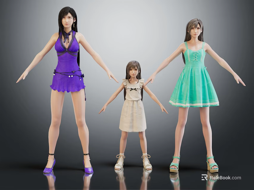 Three Female Characters In Purple Green And Beige Dresses Standing With Outstretched Arms 3d model 