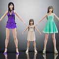 Three Female Characters In Purple Green And Beige Dresses Standing With Outstretched Arms