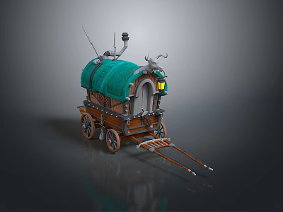 Wooden Carriage With Green Canopy Decorative Top Elements Door Window And Wheels 3d model