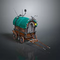 Wooden Carriage With Green Canopy Decorative Top Elements Door Window And Wheels