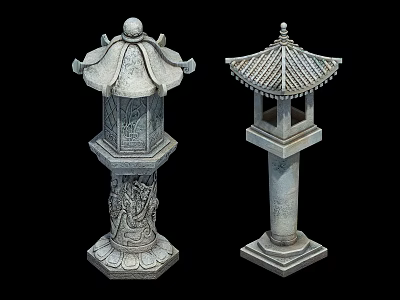 Traditional Stone Outdoor Lanterns With Carved Patterns And Openwork Design For Garden Decoration 3d model