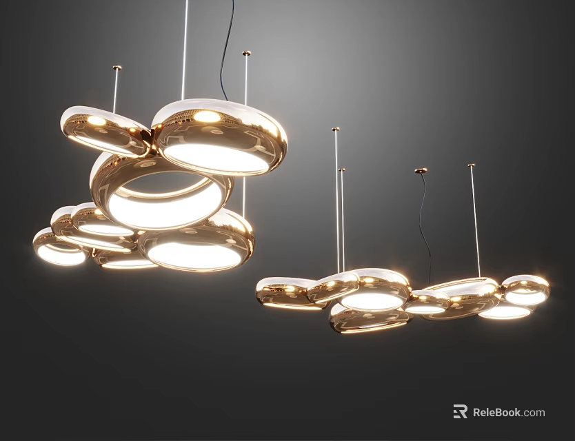 Modern Artistic Chandelier With Multiple Shiny Metal Rings And Warm Glowing Light 3d model 