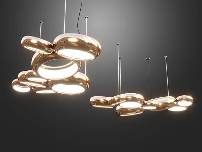 Modern Artistic Chandelier With Multiple Shiny Metal Rings And Warm Glowing Light 3d model