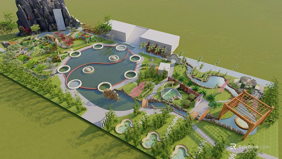 Park Landscape with Circular Ponds Lush Greenery Winding Paths and Wooden Pavilion 3d model 