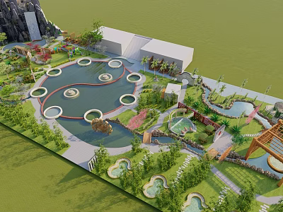 Park Landscape with Circular Ponds Lush Greenery Winding Paths and Wooden Pavilion 3d model