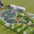 Park Landscape with Circular Ponds Lush Greenery Winding Paths and Wooden Pavilion