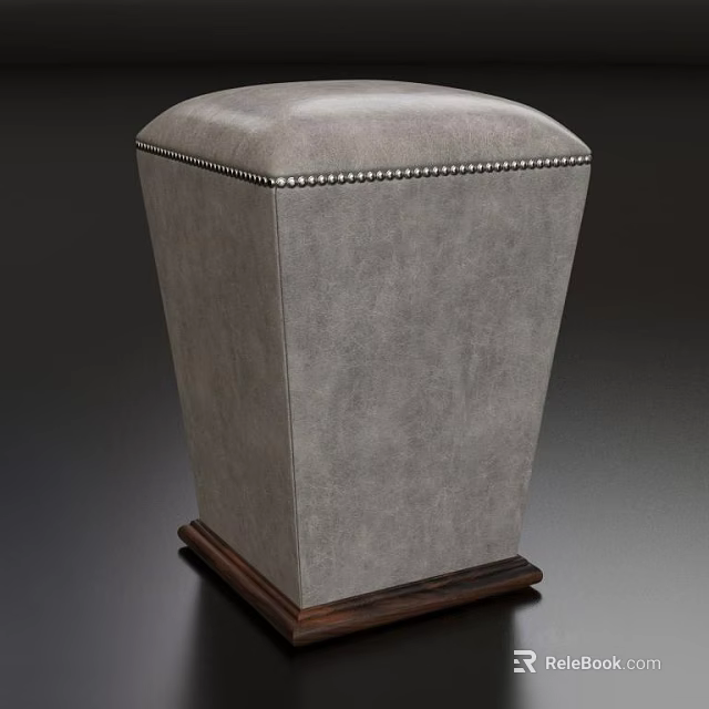 Stylish Gray Sofa Stool With Silver Nailhead Trim And Wooden Base 3d model 