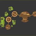 Wooden Platform Scene Components With Green Plants And Small Houses