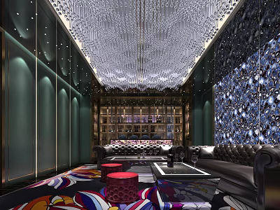 Luxury KTV Lounge Interior With Crystal Chandelier Dark Leather Sofas Colorful Carpet And Wine Shelves 3d model