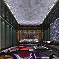 Luxury KTV Lounge Interior With Crystal Chandelier Dark Leather Sofas Colorful Carpet And Wine Shelves