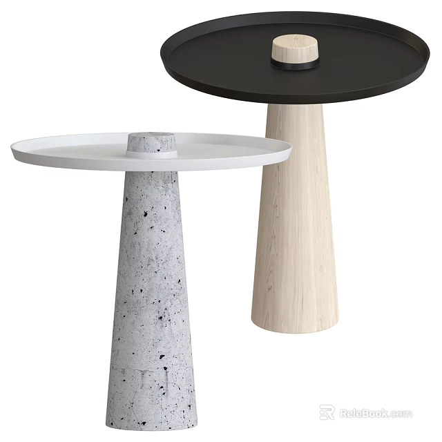 Round Coffee Tables Featuring White Top with Concrete Base and Black Top with Wooden Base 3d model 