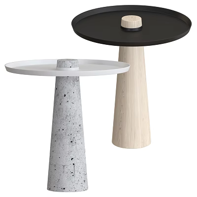 Round Coffee Tables Featuring White Top with Concrete Base and Black Top with Wooden Base 3d model