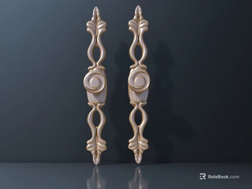 Pair of Golden Decorative Metal Handles with Ornate Curved Patterns Shiny Surface and Elegant Design 3d model 