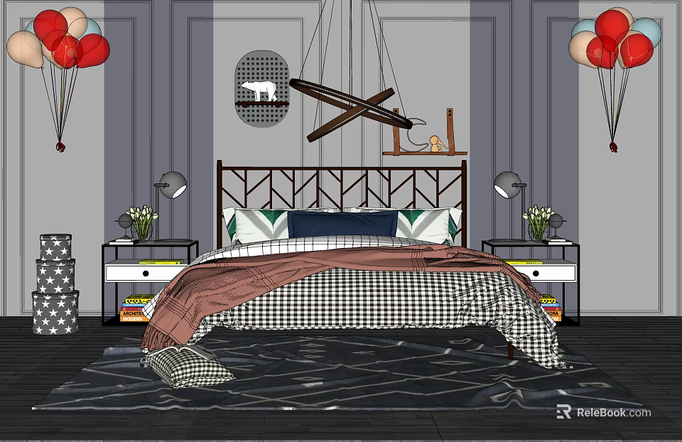 Background Double Bed with Metal Headboard Plaid Quilt Decorative Pillows Nightstands and Balloons 3d model 