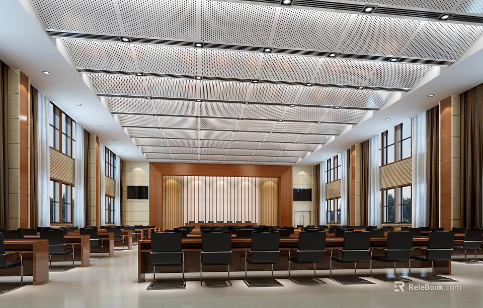 Spacious Conference Room With Perforated Ceiling Wooden Paneling And Arranged Seats 3d model 