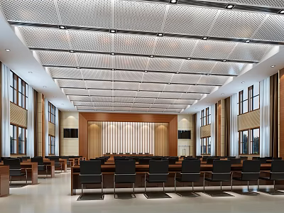 Spacious Conference Room With Perforated Ceiling Wooden Paneling And Arranged Seats 3d model