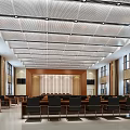 Spacious Conference Room With Perforated Ceiling Wooden Paneling And Arranged Seats