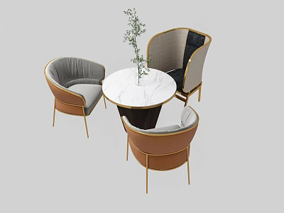 Elegant Table Chair Set With Marble Tabletop Gray Brown Upholstered Cushions Gold Legs and Plant 3d model