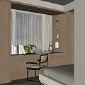 Modern Bay Window Setup With Wooden Desk Chair Plant Table Lamp And Curtain