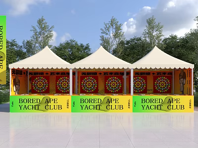Three White Tents Amusement Equipment For Bored Ape Yacht Club With Trees And Blue Sky 3d model