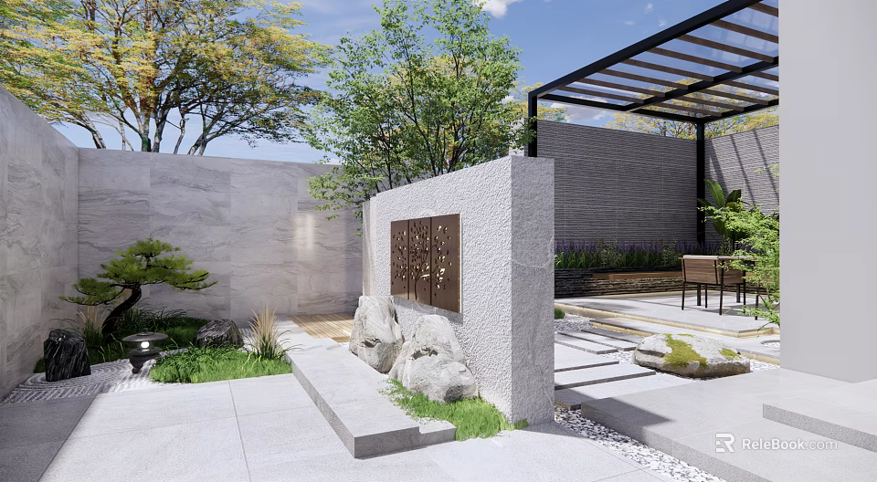 Serene Courtyard Garden With Stone Wall Rockery Stones Pergola And Green Plants 3d model 