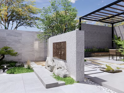 Serene Courtyard Garden With Stone Wall Rockery Stones Pergola And Green Plants 3d model