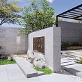 Serene Courtyard Garden With Stone Wall Rockery Stones Pergola And Green Plants
